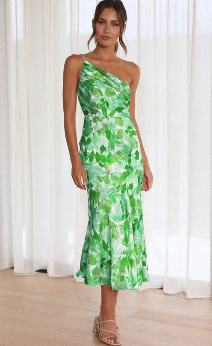 Aeris | Long asymmetrical dress with floral pattern