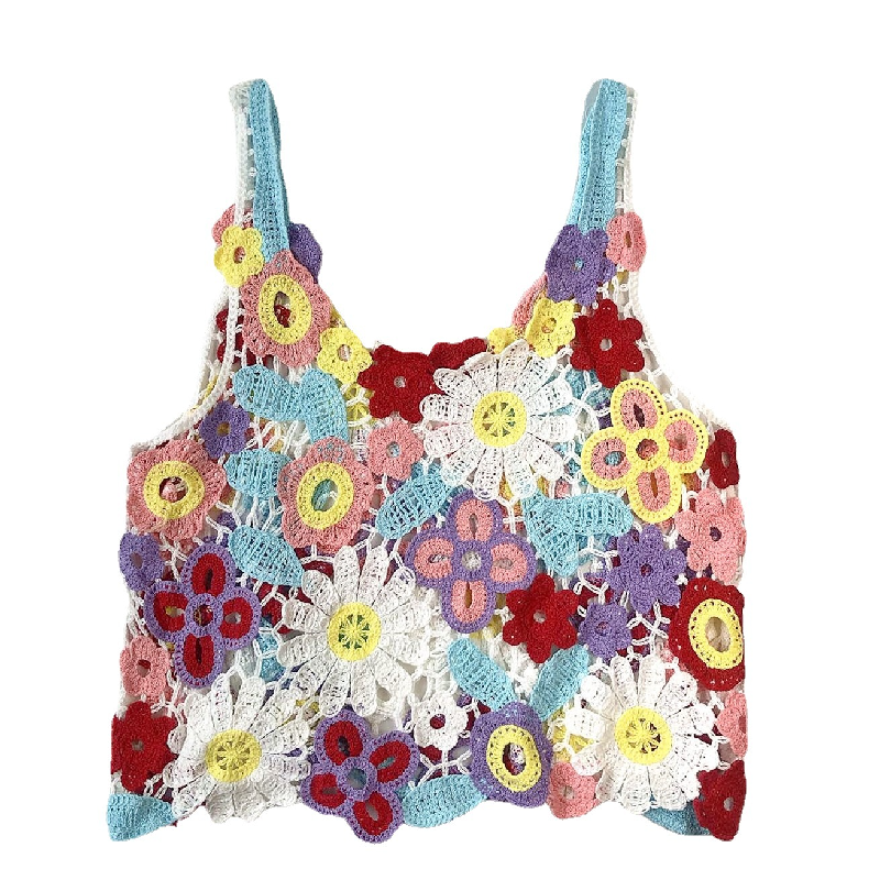 U neck flower applique knitted hollow out cami cut out top  | Festival Outfits Women