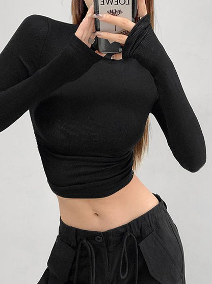 Solid Mock Neck Shirred Slim Long Sleeve Knit