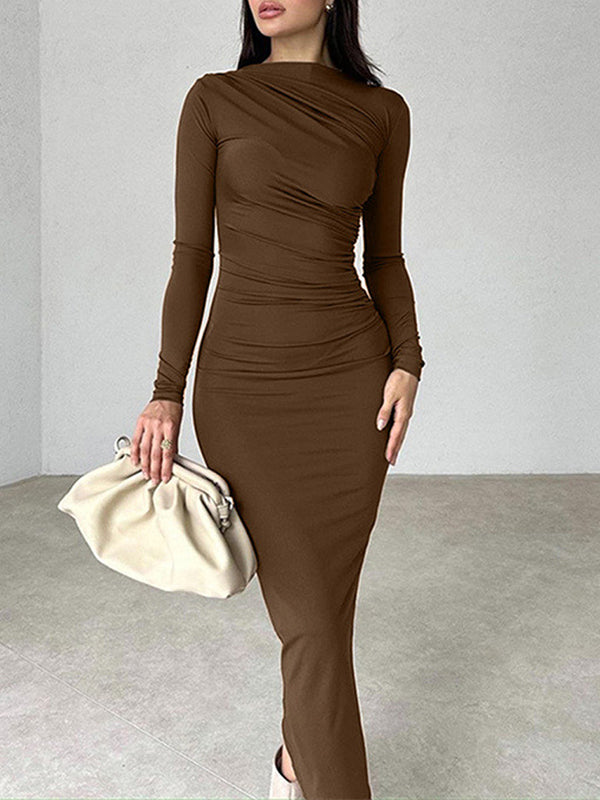 Slim Fit Solid Color Temperament Long Hip-Wrapped Dress