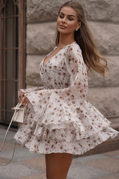 French Floral V-Neck Ruffled Mini Dress