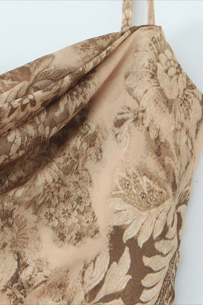 Gold Floral Print Satin Maxi Mermaid Prom Dress