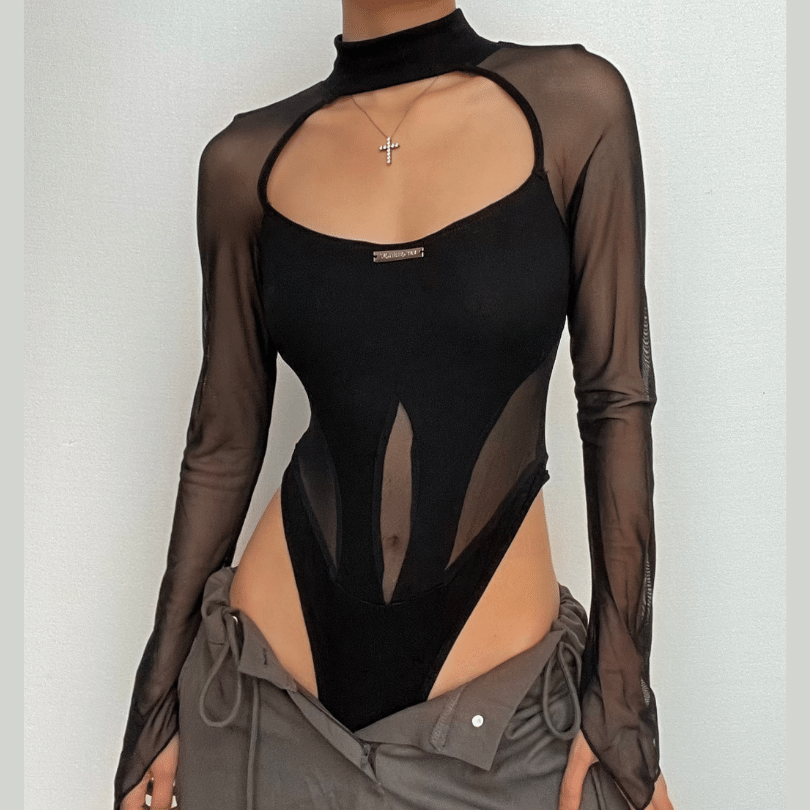 Hollow out mesh patchwork long sleeve contrast bodysuit  | Festival Outfits Women
