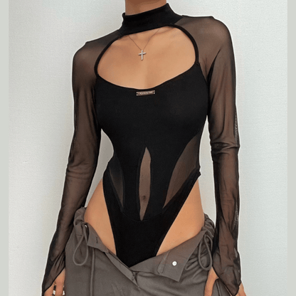 Hollow out mesh patchwork long sleeve contrast bodysuit  | Festival Outfits Women