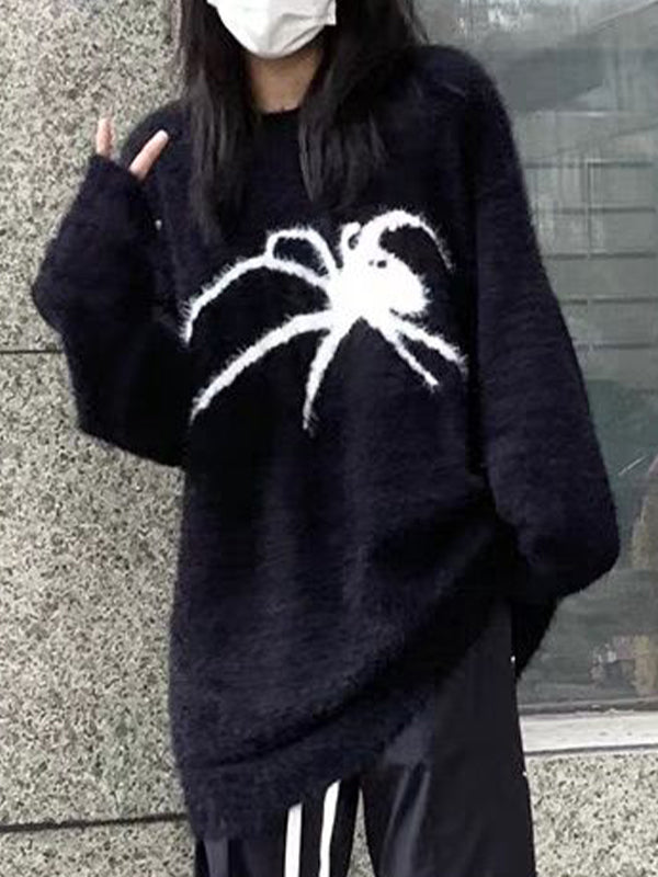 Plush Spider Print Baggy Sweater