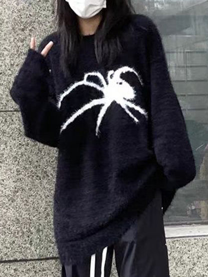 Plush Spider Print Baggy Sweater