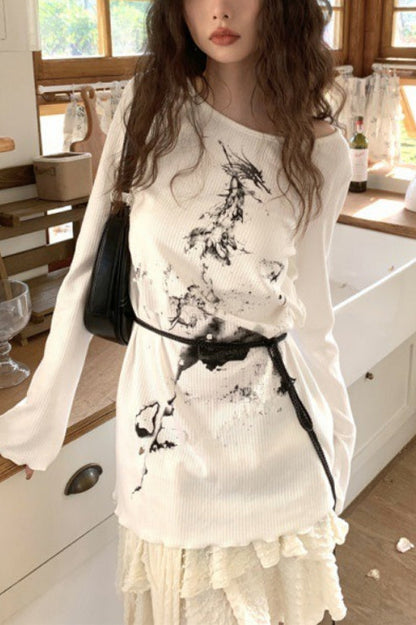 Punk Printed Crew Neck Slim Knit Top