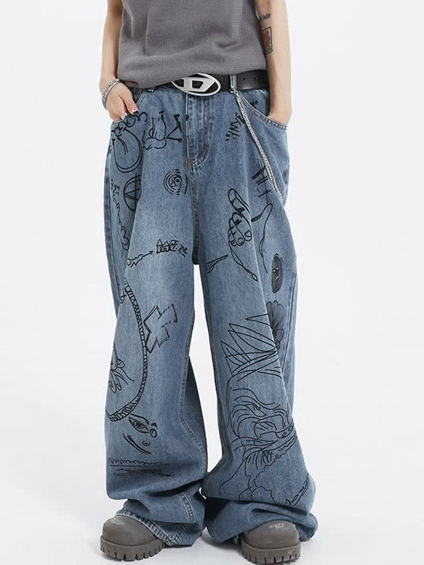 Interesting Graffiti Print Loose Boyfriend Jeans