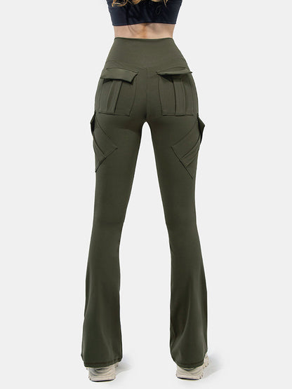 Solid Multi Pocket High Rise Flare Leg Pants