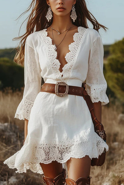 Solid Color V-neck Lace Trim Slim-fit Mini Dress
