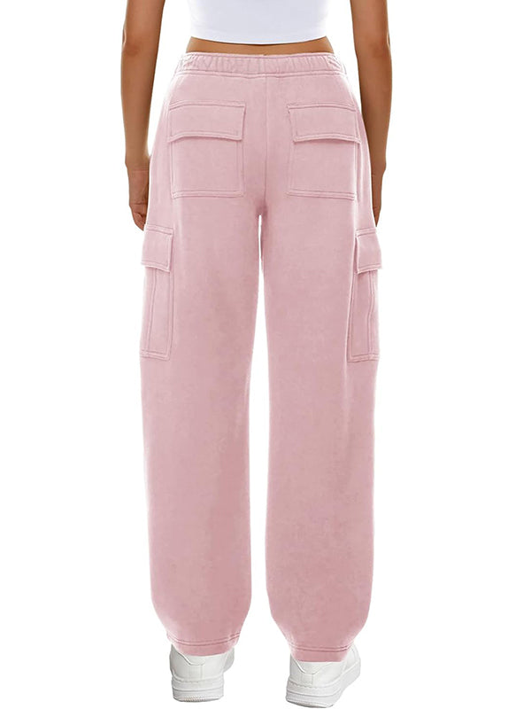 Solid Multi Pocket Elastic Waist Sweatpants