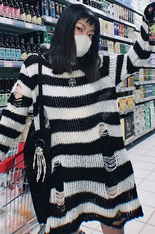 Goth Striped Ripped Long Sleeve Knitted Sweater