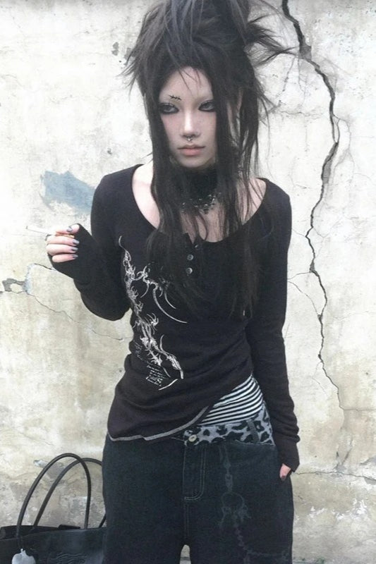 Tattoo Print Irregular Gothic Knit Top