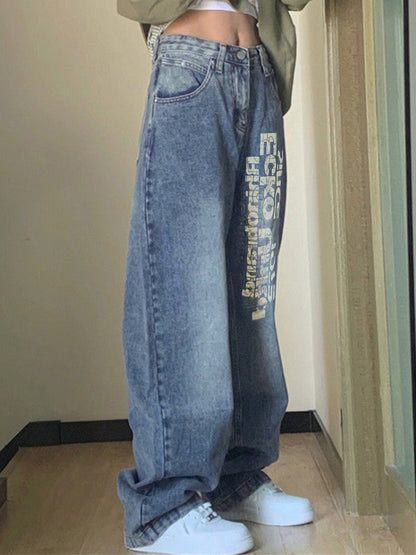Washed Letter Print High Waist Boyfriend Jeans
