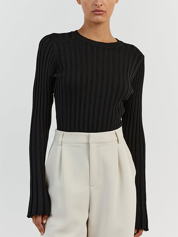 Solid Ribbed Crew Neck Long Sleeve Knit