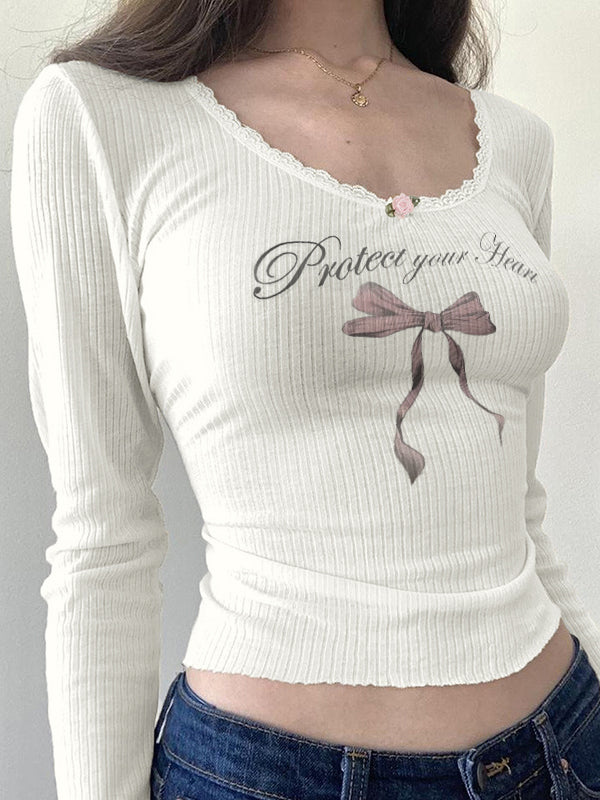 Bow Print Lace Trim Long Sleeve Knit