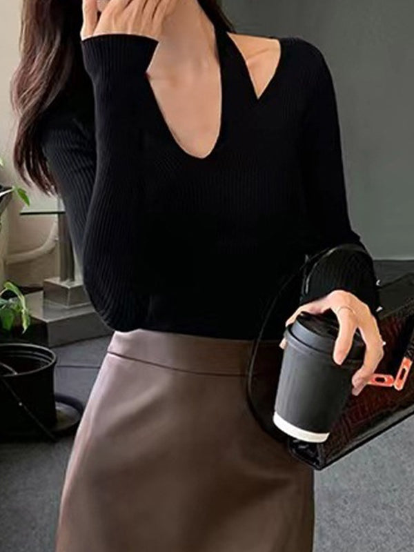 Solid V Neck Halter Long Sleeve Knit
