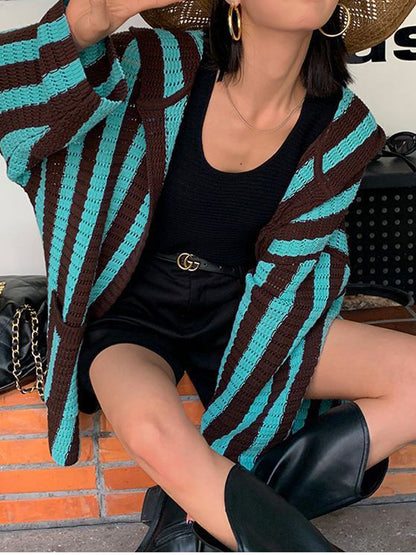 Knit Contrast Color Stripe Hooded Cardigan