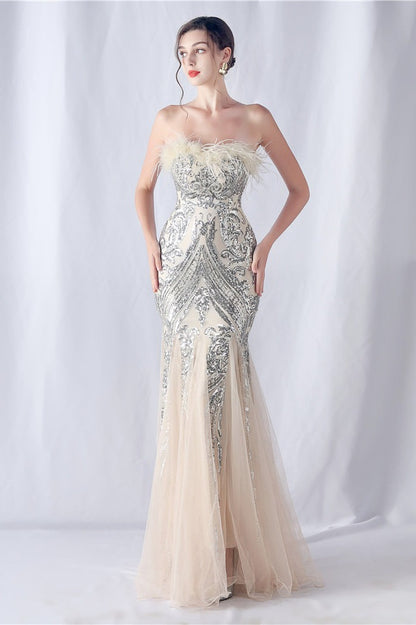 Ostrich Feather Sequin Evening Party Dress