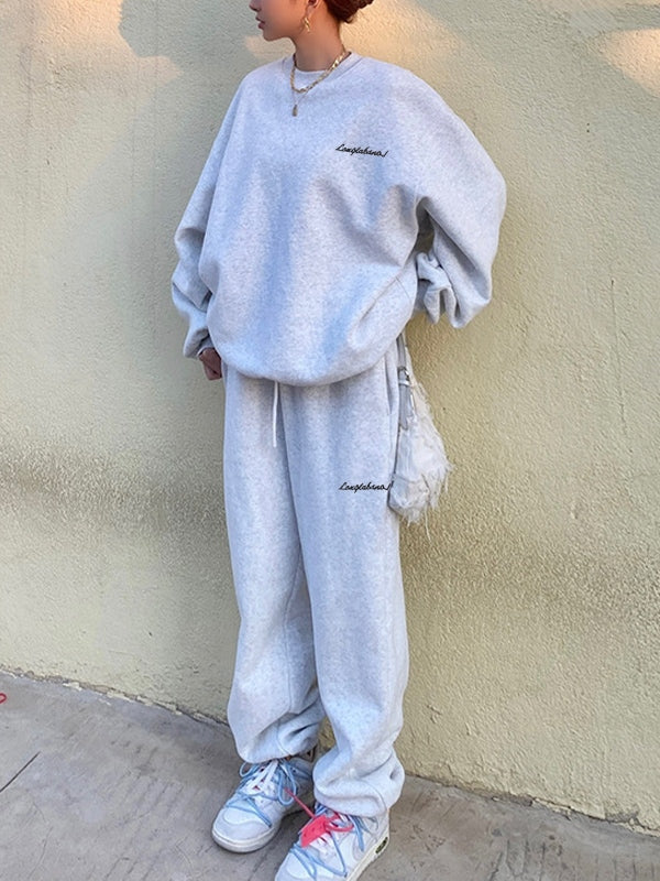 Solid Crew Neck Sweatshirt & Bound Feet Sweatpants Set