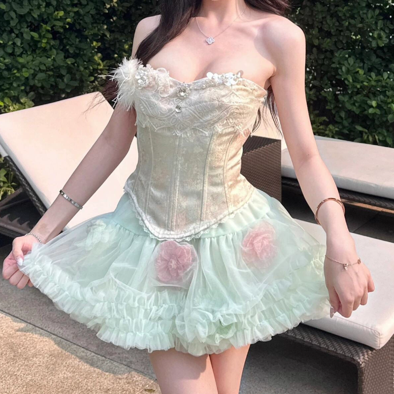 Lace hem mesh ruffle tube backless mini skirt set  | Festival Outfits Women
