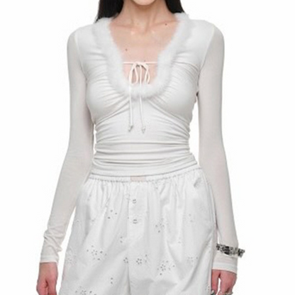 Long sleeve fluffy solid top  | Festival Outfits Women