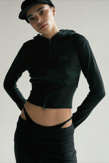 Carmine Zip-Up Embroidered Crop Hoodie