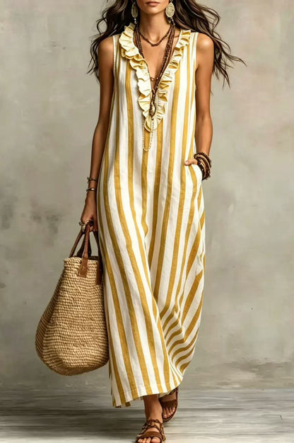 Fashionable Striped Print V-neck Ruffled Sleeveless Pockets Casual Midi Dress