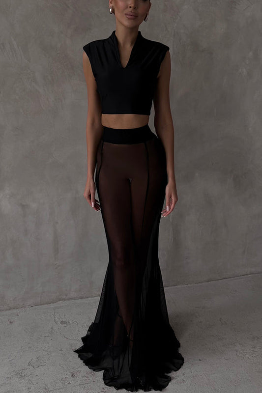 French summer chiffon fish tail eternal mesh high waisted elastic fish tail long skirt