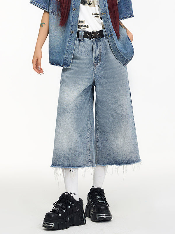 Washed Raw Edge Baggy Denim Shorts