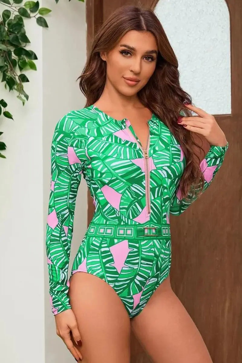 Traje de baño de surf estampado de manga larga con cremallera verde