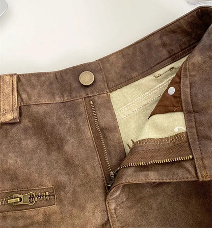 Vintage Zipper Detail Leather Shorts