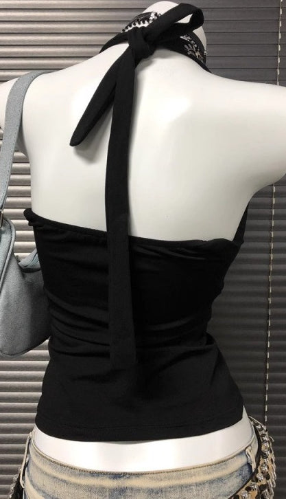 Y2K Black V-neck Embroidered Halter Backless Retro Cami Top
