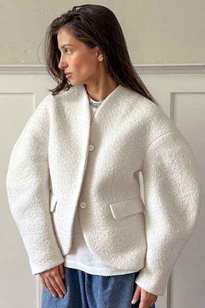 Solid Color Tweed V-Neck Coat
