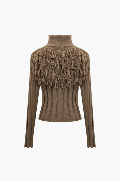 Solid Sweater Fringe Zipper Long-Sleeve Top