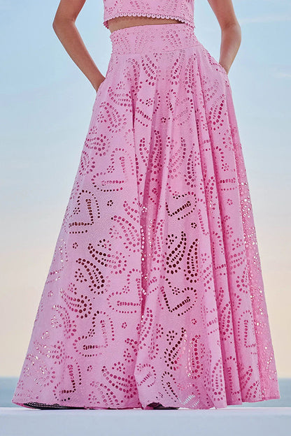 Paris Dreaming Embroidered Lace High Rise Elastic Waist Pocketed Maxi Skirt 