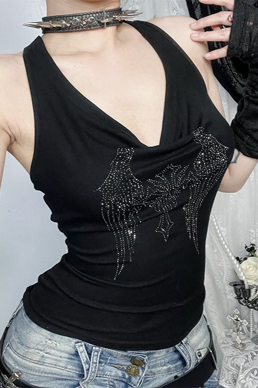 Cross Rhinestone Draped Neck Backless Tank Top