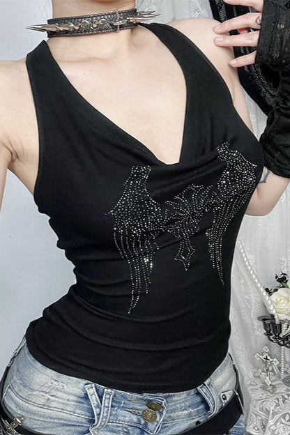 Cross Rhinestone Draped Neck Backless Tank Top