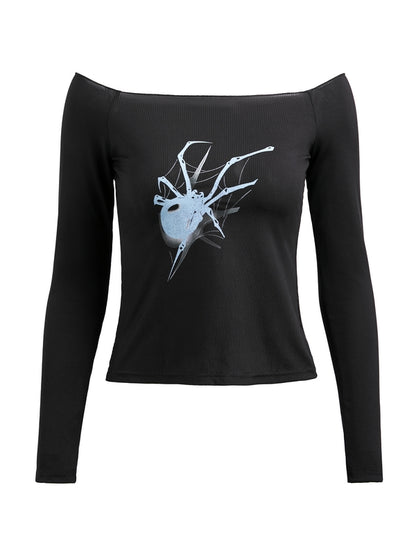 Spider Print Off Shoulder Slim Long Sleeve Tee