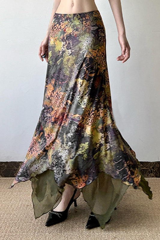 Botanical Print Mesh A-Line Maxi Skirt