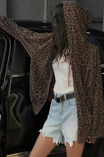 Retro Leopard Print Loose Zip Hoodie