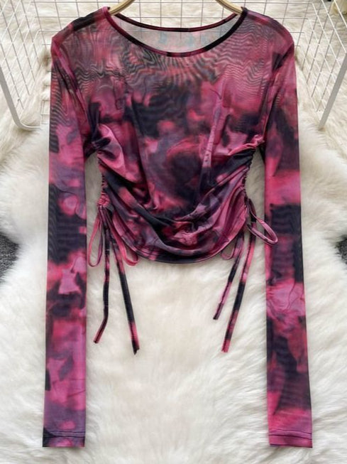 Cyber Tie Dye Drawstring Slim Long Sleeve Mesh Top