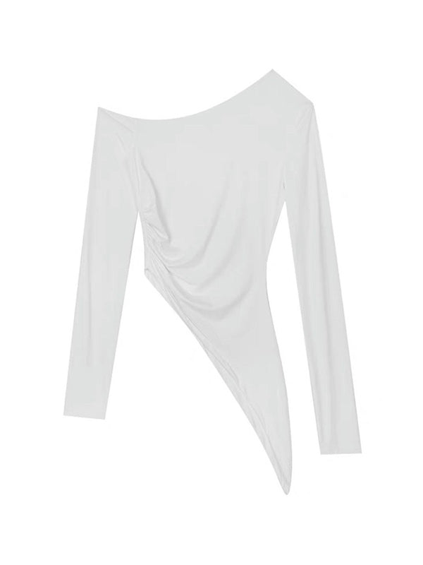 Slanted Shoulder Ruched Irregular Hem Long Sleeve Tee