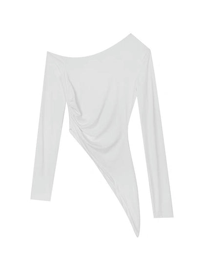 Slanted Shoulder Ruched Irregular Hem Long Sleeve Tee