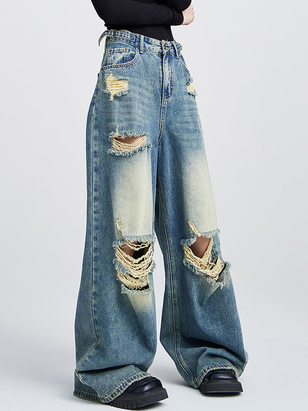 Loose high-waisted versatile straight leg Ripped Jeans