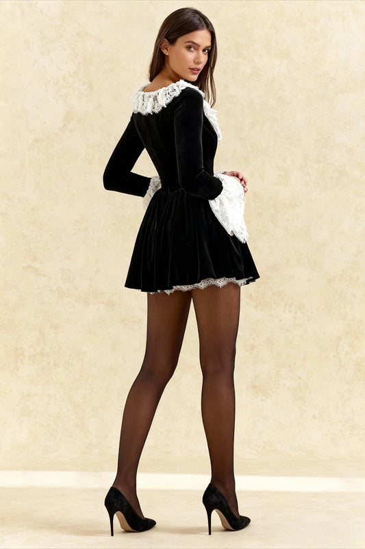 Sexy Square Neck Lace Trim Flared Sleeve Mini Dress