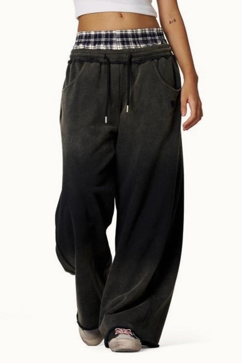 Washed Plaid Patchwork Double Waist Low Rise Pants