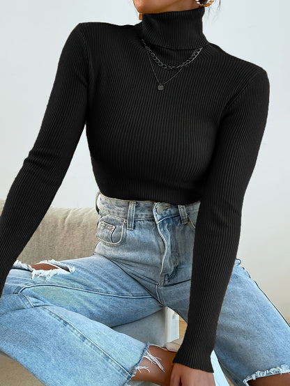 Suéter de cuello alto acanalado negro, ajustado y acogedor para mujer | Ideal para otoño/invierno