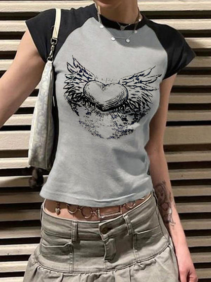 Y2K Wings Print Contrast Raglan Slim Short Sleeve Tee