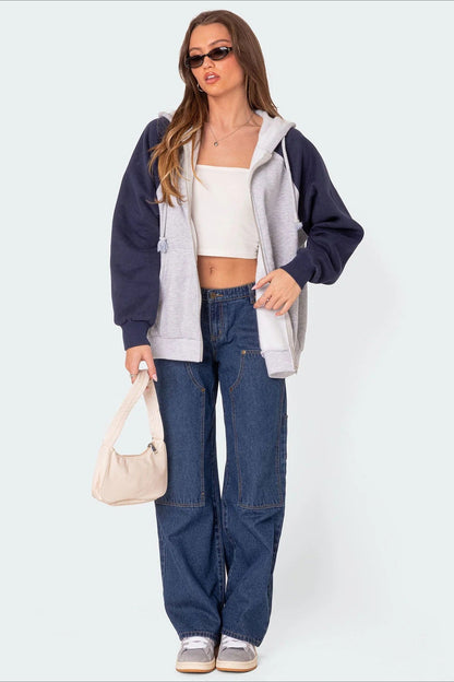 Washed Oversized Mid-Rise Cargo Pocket Straight-Leg Jeans